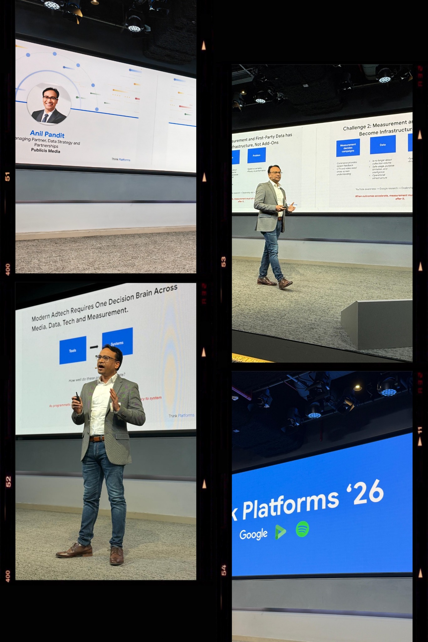 Four photographs of Anil Pandit speaking at Google Think Platforms ’26, with the event screen visible