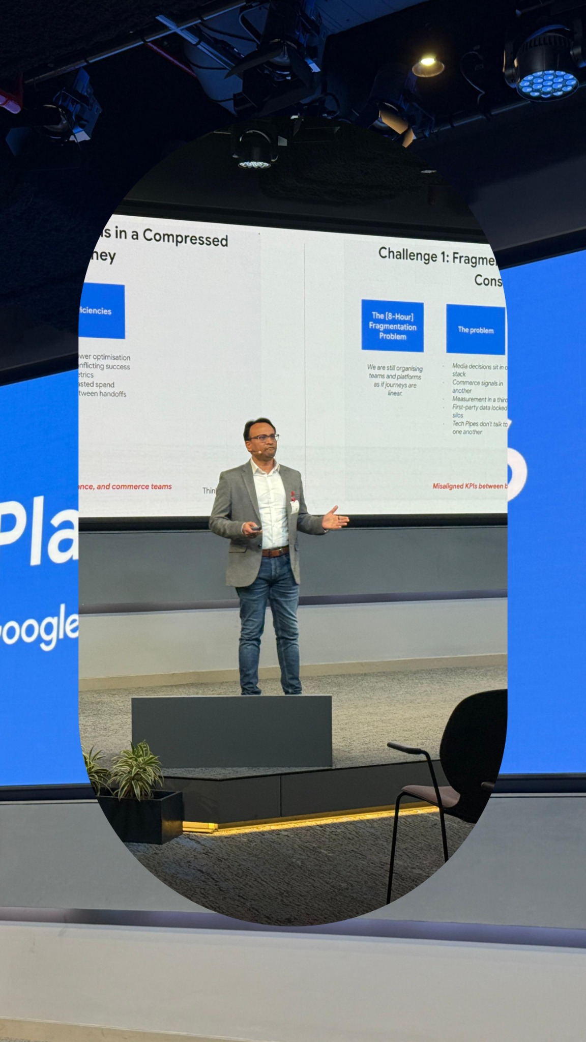 Anil Pandit presenting at Google Think Platforms ’26, with his slides and Google branding visible